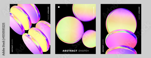 Abstract gradient 3d poster. Futuristic holographic background. Fluid gradient circle shape black background. Geometric technology abstract pattern. Iridescent glass round element. Vector illustration