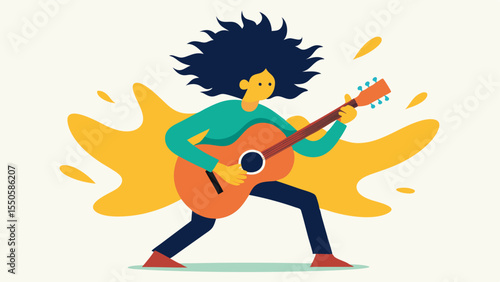 Dramatic Stage Presence A musician with wild tousled hair stands center stage one knee bent and thrust forward. They hold an acoustic guitar high above their head with both hands