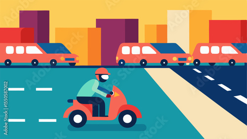 City Chase A dynamic illustration of a motorcyclist weaving through traffic on a busy street with police cars following in the distance.