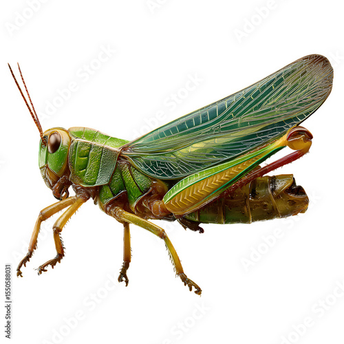 A side-profile of a green grasshopper in a jumping pose, large back legs bent, wings tucked. Highlight the exoskeleton structure and joint details using crisp lighting