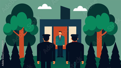 Discreet Departure A scene showing officers ing a witness away from a building surrounded by tall trees for cover emphasizing secrecy.