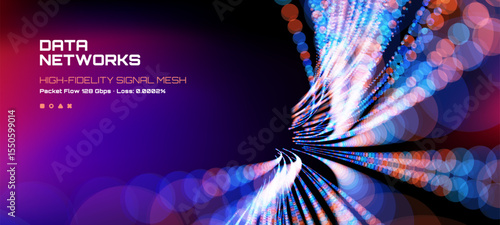 High-fidelity signal mesh representation. Data networks visualization with flowing lines of light dots. Tech science vector illustration. Vector graphics. 