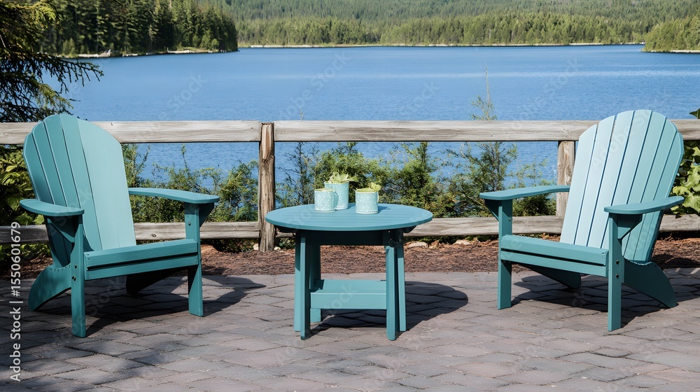 Obraz premium Relaxing Adirondack Chairs Lake View Patio Scene