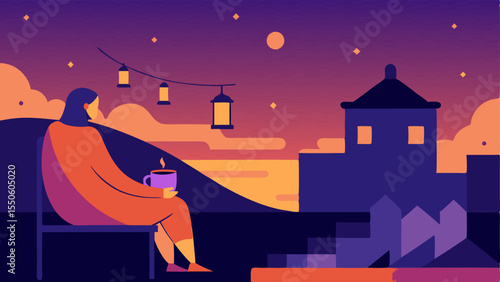 Charming Evening A vector scene captures a rooftop at sunset with warm orange and purple hues filling the sky. A person sits on a metal chair wrapped in a blanket sipping tea from