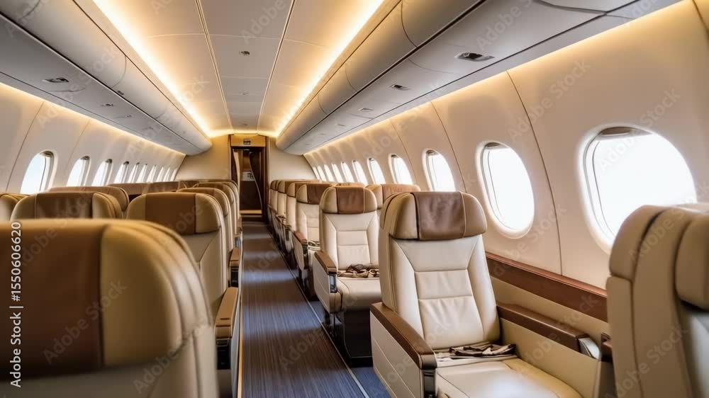 Interior cabin shot of a modern private jet with empty leather seats, overhead lights, and a view from the aisle. Interior cabin shot of a modern private jet with empty leather seats, overhead lights, and a view from the aisle.
