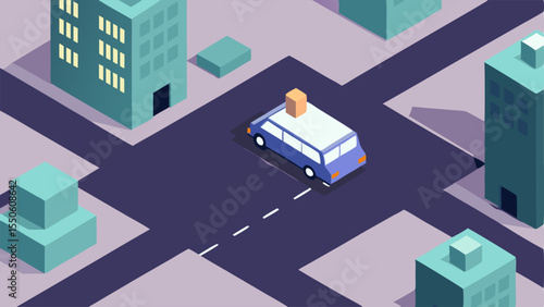 Aerial View of a City Block A drone hovering high above a city block equipped with a camera recording activities below with a police car parked in the foreground.
