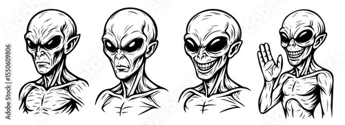 Four alien faces with different expressions