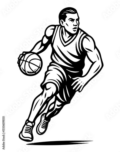 A basketball player is running with a basketball