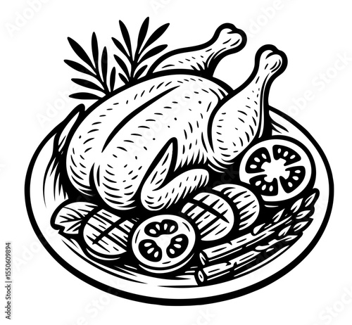A plate of food with a chicken and vegetables on it