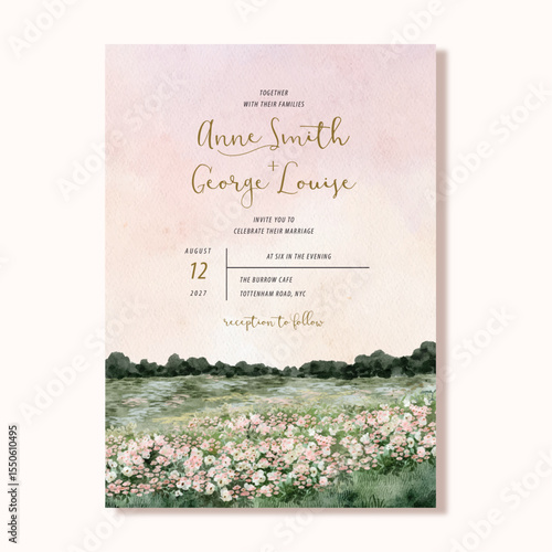 wedding invitation card with dreamy floral garden landscape watercolor background