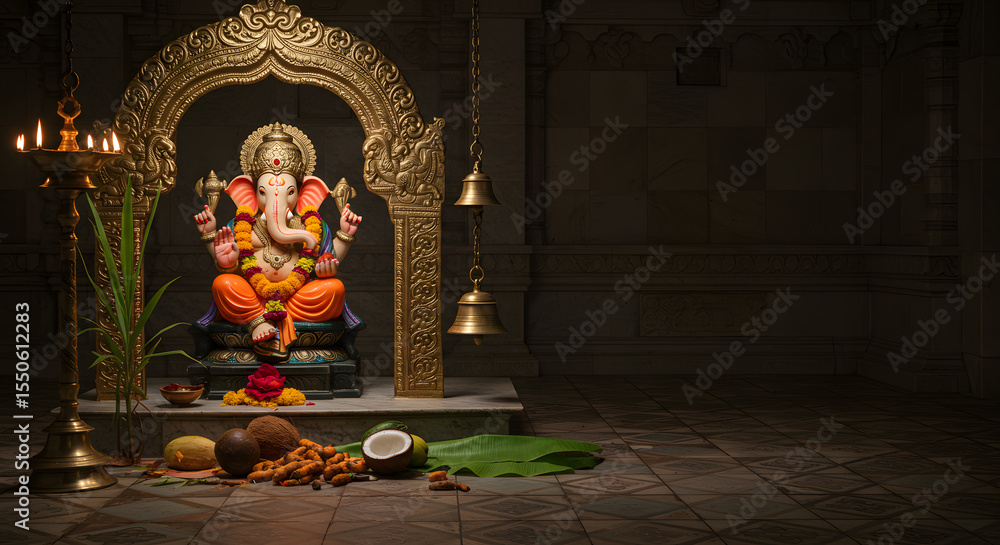 custom made wallpaper toronto digitalTemple Scene with Ganesha Idol Under Golden Arch Surrounded by Traditional Offerings and Worship Items for Hindu Festival
