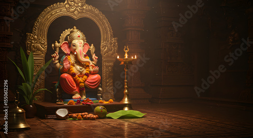 Temple Scene with Ganesha Idol Under Golden Arch Surrounded by Traditional Offerings and Worship Items for Hindu Festival