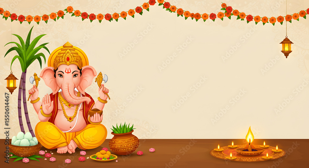 Fototapeta premium Ganesh Chaturthi Celebration Hindu Festival Traditional Ritual Indian Culture Floral Decoration Spiritual Worship Religious Ceremony Auspicious Occasion Decorative Lamp Clay Pot Symbolism Background