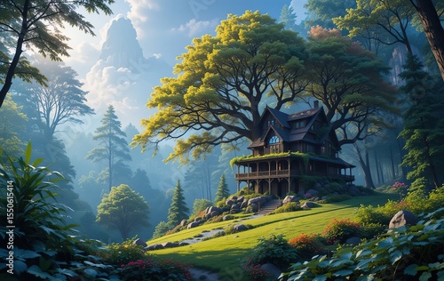 AI-Generated Treehouse Landscape - Digital Art