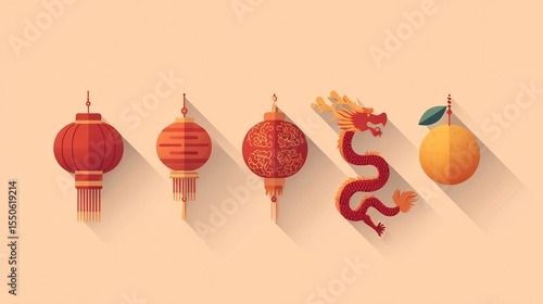 Flat vector illustration featuring chinese new year elements in minimalist style