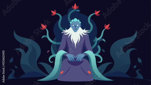 Dramatic Command A powerful figure with flowing hair sits on an ornate throne made of twisting vines and flowers. They have an intense gaze and are pointing outward with a look of