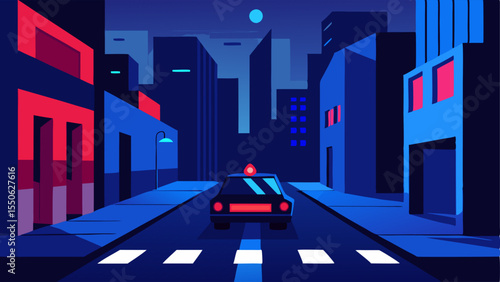 City Street Scene A police car parked on a dimly lit street with bright blue and red lights flashing casting light onto nearby buildings and a deserted alley.