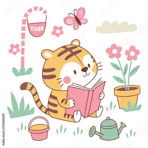 Cute Shy Tiger, accessorized with reading a book, in a Spring garden world – Spring Garden palette vector
