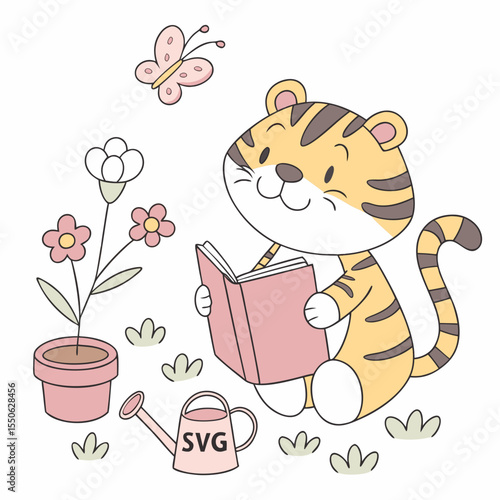 Cute Shy Tiger, accessorized with reading a book, in a Spring garden world – Spring Garden palette vector