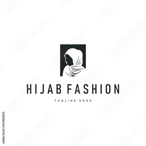 women fashion concept with a simple minimalist hijab logo with a black silhouette as a symbol of beauty and a poster template illustration