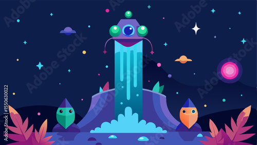 Celestial Waterfall A cosmicthemed waterfall flows vertically into the stars shimmering with iridescent colors. Surrounding the magical scene are characters in imaginative costumes