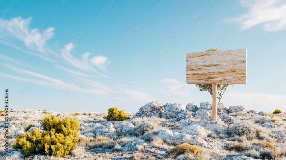 Naklejka premium Wooden Signboard in a Desert Landscape, Advertising or Information Board