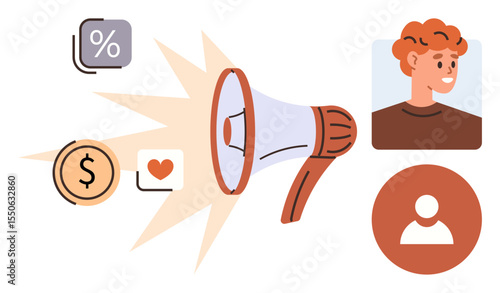 Megaphone spreading financial, social, and engagement icons with user avatar. Ideal for marketing, promotion, communication, social media, audience targeting, advertising customer interaction
