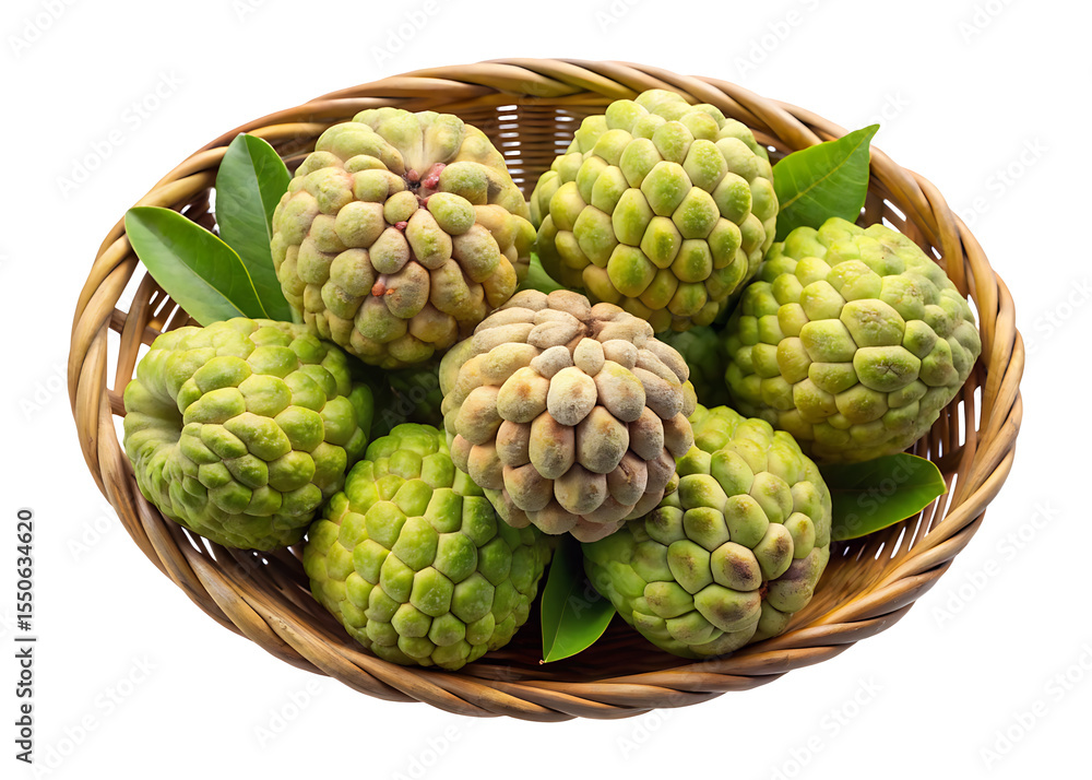 Fototapeta premium Fresh and delicious sugar apples piled in a wicker basket on white