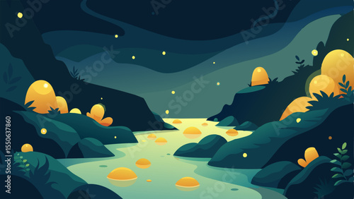 Enchanted Glow A whimsical river of light cascades gently over smooth stones surrounded by shadowy ferns and mossy ground. The glowing water sparkles and radiates warmth creating a