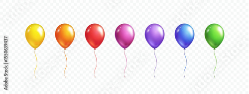 Balloon set isolated on transparent background. Vector colorful festive 3d helium balloons template for anniversary, birthday party design