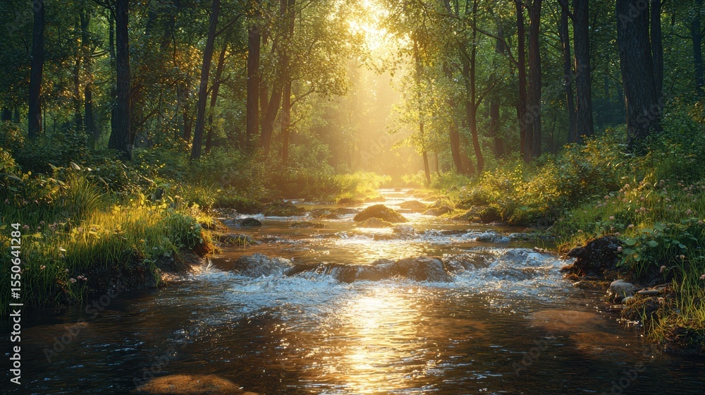 Obraz premium Sunlit Creek Flowing Through Verdant Forest with Lush Greenery, Reflecting Sunlight and Mossy Rocks in a Natural