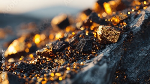 Close-up of gold nuggets embedded in dark rock