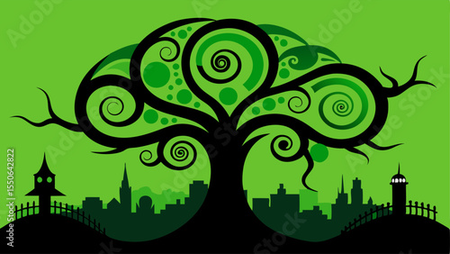 Dual Realities A whimsical tree with swirling branches appears prominently in the foreground painted in bright shades of green. Its shadow stretching across the ground surprisingly