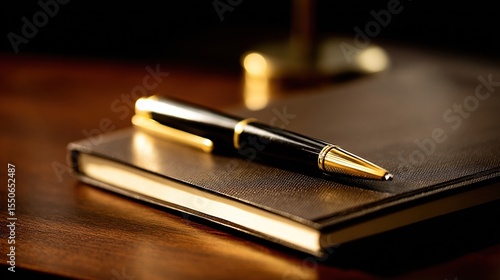Elegant pen rests on a leather notebook atop a polished wooden surface