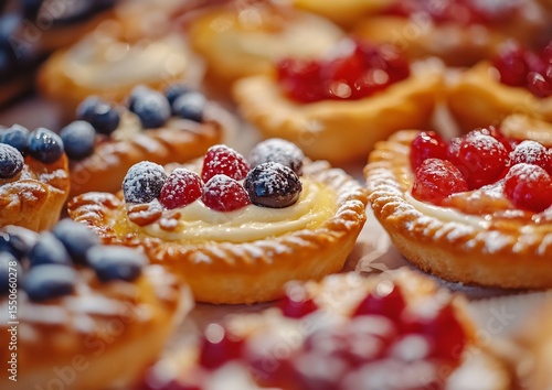 Delicious fruit tarts pastries bakery dessert sweet food photography gourmet fresh baked goods display case 
