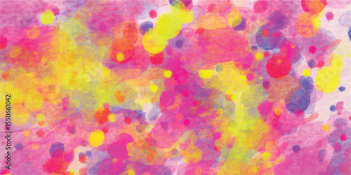Vibrant artistic abstract background featuring colorful watercolor paint splatters and blots in various shades of pink yellow and purple