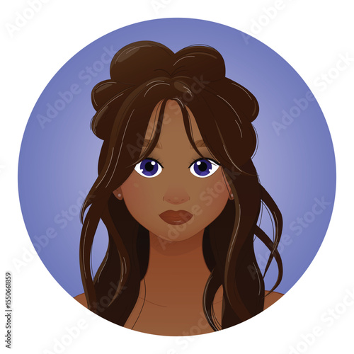 Brunette Woman with Blue Eyes and Dark Skin – Vector Illustration. EPS