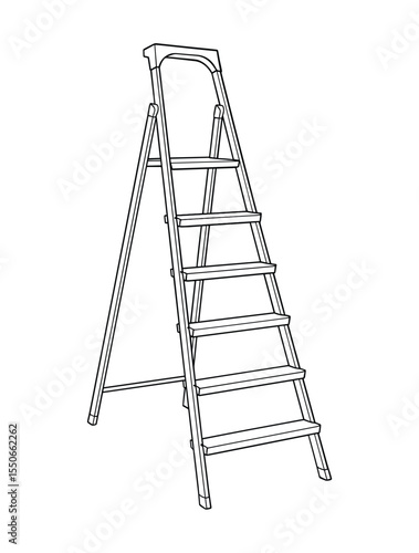 Detailed line drawing of a folding aluminum step ladder isolated