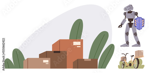 Robot with shield standing near stacked cardboard boxes, bicycle with parcels onboard. Ideal for automation, logistics, e-commerce, delivery, warehouse management, technology and innovation. Simple