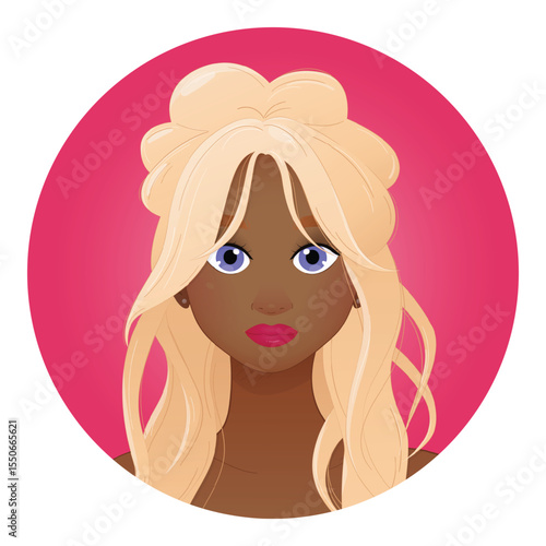 Blonde Woman with Violet-Blue Eyes and Dark Skin – Vector Illustration. EPS
