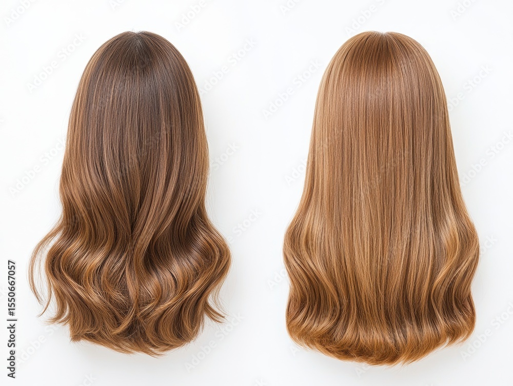 Fototapeta premium Two wigs, different shades of brown, wavy