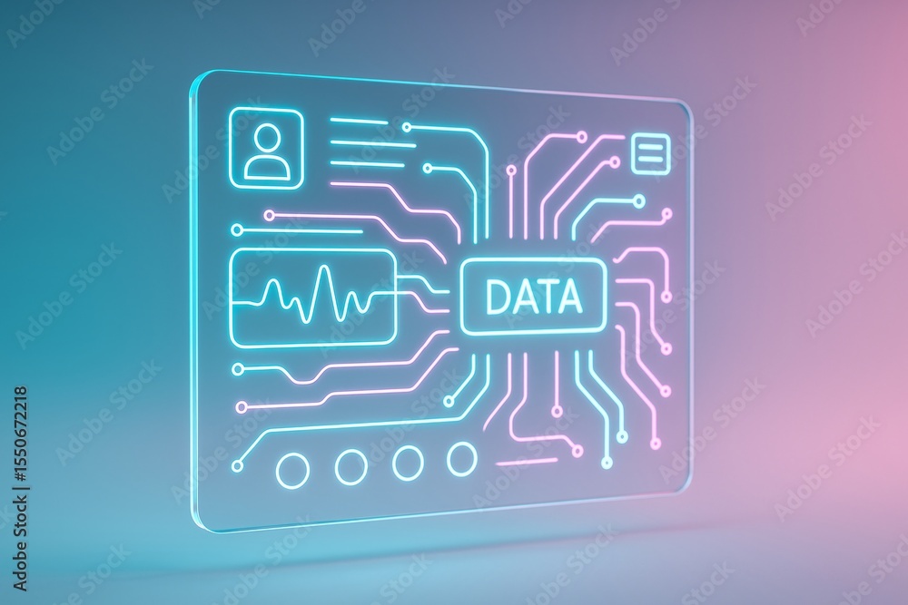 Futuristic AR Interface with Neon Circuit Elements on Floating Glass Panel Futuristic AR Interface with Neon Circuit Elements on Floating Glass Panel