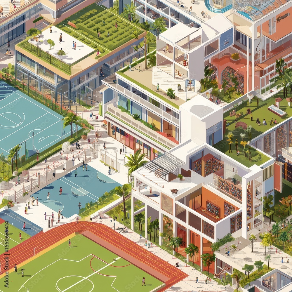 Fototapeta premium A large city with many different buildings and sports fields