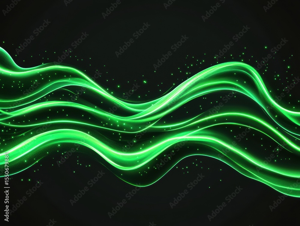 Obraz premium Abstract glowing green waves on dark background