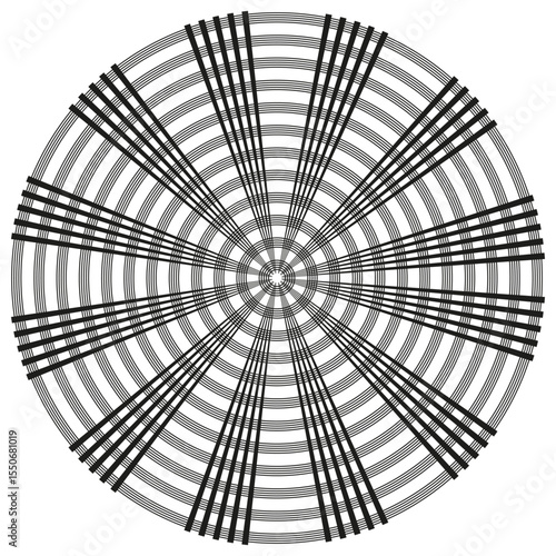 Radial spoke pattern. Circular abstract design. Geometric wheel illustration. Vector spiral energy.