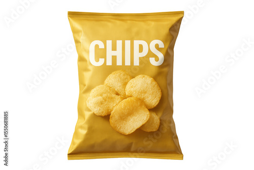 Yellow chips bag revealing crispy snack, close-up view against transparent backdrop, ideal for packaging graphics
