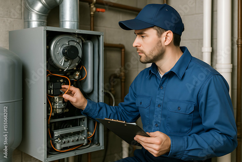 A technician in a blue uniform inspects and adjusts a home heating system while holding a clipboard.HVAC technician checks furnace, filter, and air during maintenance. 