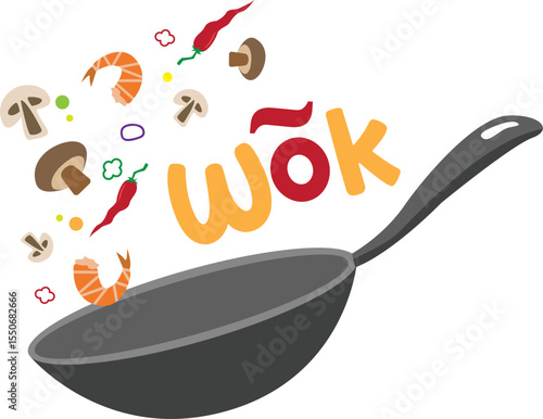 Illustration of a wok and some ingredients and seasonings in it