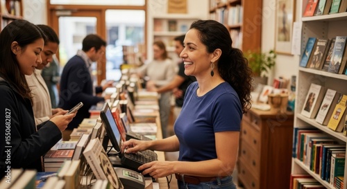 Happy woman working at a bookstore helping customers buy books at the counter