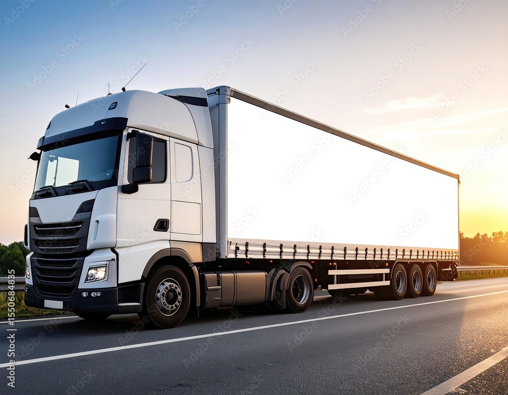 Semi-trailer Truck Driving on the Highway at Sunset Semi-trailer Truck Driving on the Highway at Sunset